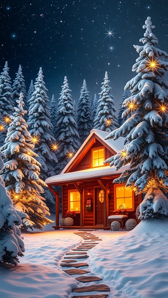 A cozy cabin in a snowy landscape with warm lights and a starry sky, perfect for Christmas aesthetic wallpaper.